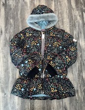 Hanna Andersson Girl's Winter Coat Jacket Black Floral Print Hooded Sz 150 / 12