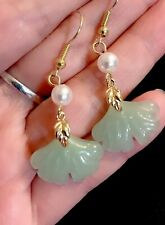 Vintage Style Natural Jade And Pearls Earrings 18K Gold Plated