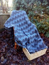 Large Hand Crochet Grey and Blue Blanket. Double bed size