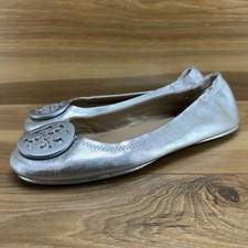 Tory Burch Minnie Flats Womens 6 M Silver Leather Slip On Ballet