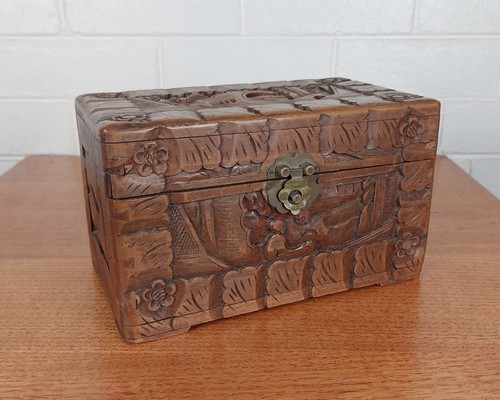 Vintage carved wood box brass - box,