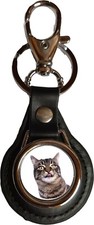 Manx Cat Pet Black PU Leather Round Key Fob And Gift Bag