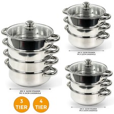 4PC/5PC STEAMER COOKER POT SET PAN COOK FOOD GLASS LIDS 3/4 TIER STAINLESS STEEL