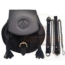 Scottish Kilt Masonic Embossed Black Leather Rob Roy Style KILT SPORRAN & Chain