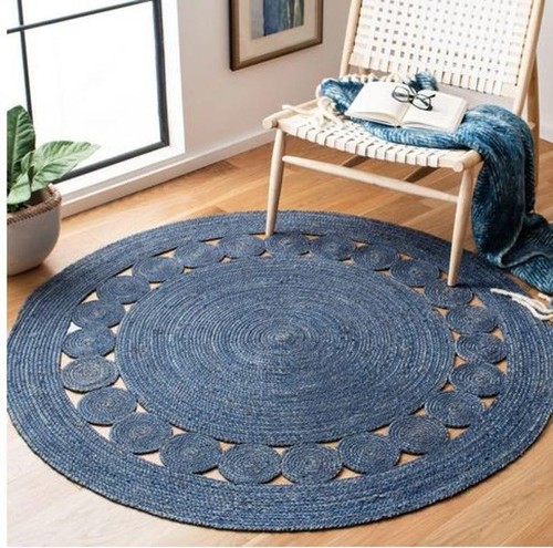 Round blue jute rug - round, braided