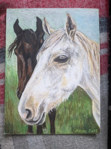 Two horses oil pastel - two,