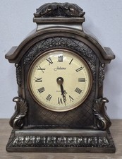 JULIANA!!! ANTIQUE STYLE FAUX PEWTER/BRONZED FINISH ORNATE MANTLE CLOCK WORKING 