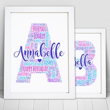 Personalised Initial Print Birthday Christmas Gift Girls Boys Word Art Picture