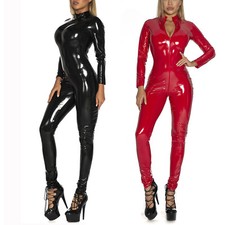 Women's Patent Leather Wet Look Catsuit Unitards Front Zipper Suit Clubwears