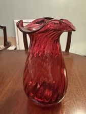 Cranberry Glass Fluted Vase Frilled Neck Hand Blown Vintage