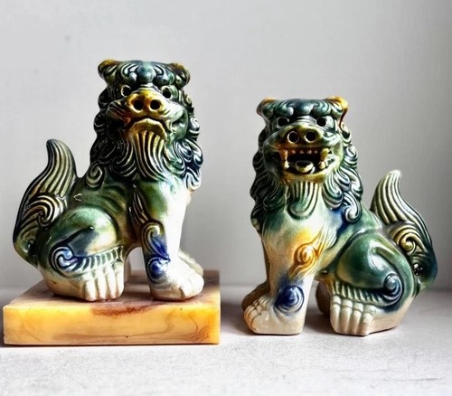 Vintage majolica foo - dogs, pair