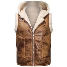 Men's Fleece-Lined Thickened Leather Waistcoat with Hooded Shearling Lining
