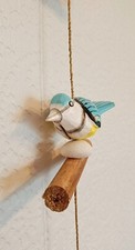Birds Blue Tit Hanging Mobile Drift Wood On String 3 Birds Hand carved Fairtrade