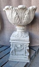 Pair Large Tulip Vase Urn Flower Planters On Heavy Plinth Stone Garden Ornament