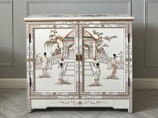 Chinese Oriental White Lacquer 2 Door Cabinet with Mother of Pearl Inlays