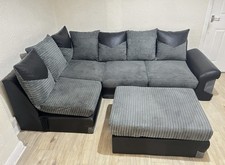 Large L Shaped Sofa With Footstool-Grey & Black Fabric/Leather Mix