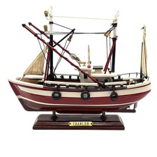 Wooden Trawler Model Boat on Stand Handmade Style Nautical Decor 28x19cm Display
