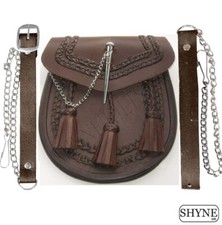 KILT SPORRAN BROWN LEATHER DROP PIN WOVEN DETAILED FRONT HIGHLANDWEAR FOR KILTS