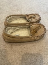 Minnetonka Slipper Moccasins-sz 3 Kid Faux Brown Suede With Fleece Lining