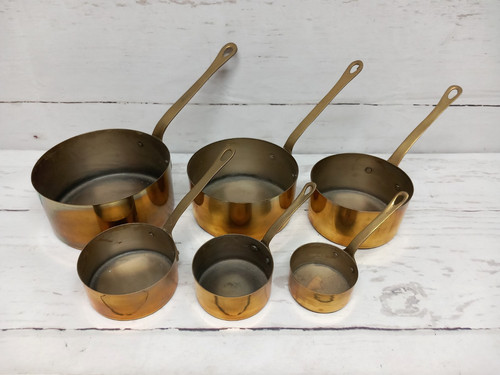 Vintage brass saucepans - vintage,