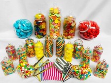 19 Plastic Sweet Jars inc 10 styles, 2 tongs, 2 scoops, 100 bags Candy Buffet