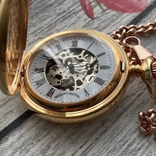 Mount Royal Pocket Watch Mechanical Skeleton Half Hunter Gold Plated 47mm Case
