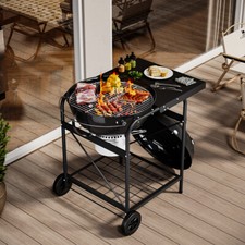 Outdoor Charcoal Grill BBQ Trolley Portable Wheels Shelf Side Table Thermometer