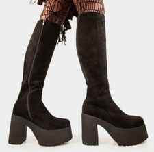1960s 70s Goth Emo Grunge Black Faux Suede Knee High Platform Boots Size 5 