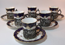 6 Coalport 5205 Demitasse Coffee Cups & Saucers In Sterling Silver Sleeves c1909