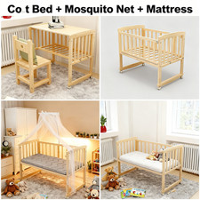 Baby Wooden Bedside Crib Co-Sleeping w/Mosquito Net&Mattress,Newborn-Toddler Cot