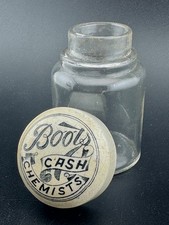 Antique Small Boots Cash Chemist Transfered Pot Lid on its Original Glass Jar