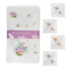 Ladies Hankies Handkerchiefs White Floral Print Cotton Polyester 10 Pack