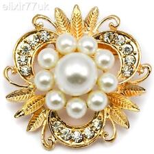 NEW GOLD FAUX PEARL CRYSTAL FLOWER LEAF BOUQUET BROOCH WEDDING BRIDAL BROACH UK