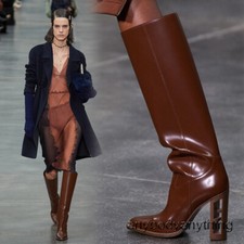 Fashion Square Toe Knee High Heels Leather Boots Straight Leg Knee High Boots Sz