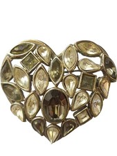 Yves Saint Lauren Heart Brooch with Clear Gemstones and Silver Tone Setting