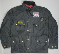 Barbour International Union Jack UK Flag Wax Biker Jacket Size Medium Belted