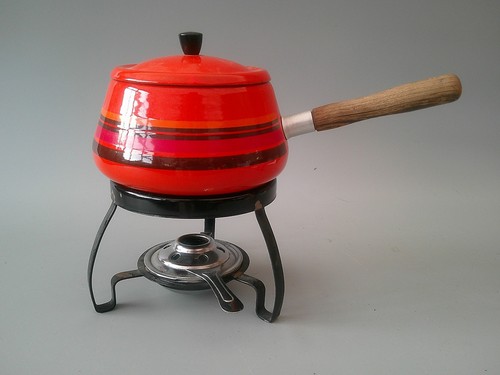Orange enamel fondue set - orange,