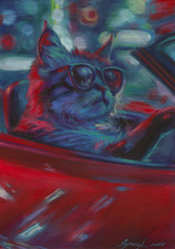 original painting 20 x 30 cm 161ST artwork gouache a cat driving a convertible