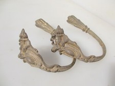 Antique Brass Curtain Tie Backs Hooks French Old Victorian Rococo Leaf Vintage