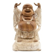 Large Hand Carved Wooden Whitewash Chinese Laughing Happy Buddha Statue - 40cm