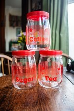 Vintage Retro 1970s Red French Glass Tea Coffee Sugar Kitchen Storage Jars