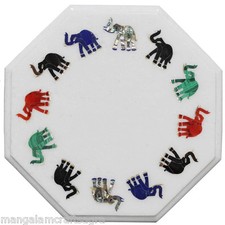 12" Marble Corner Table Top Elephant Inlay Handmade Work For Home Decor & Gifts