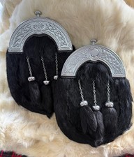 Rabbit Fur Full Dress Sporran Cantle, Chrome Sporran Black Rabbit Fur.