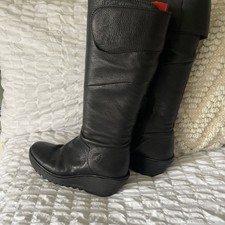 Fly London YEVE Black leather  Knee High Platform Wedge Boots UK Size 6 EU 39