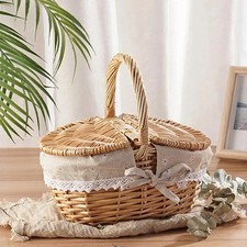 Wicker Picnic Basket Cute Storage Hamper Fruit Food Snacks Carry Holder Outdoor