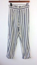 Topshop Paper Bag Trousers Womens Size 8 Cream Blue Peg Leg Pants Linen Style