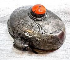 Vintage Tibetan Buddhist Silver Copper Ghau Gau Oval Box Shrine Amulet w/ Coral