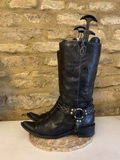 Vintage Womens Black Harness Biker Leather Cowboy Boots UK 5 EU 38 Western