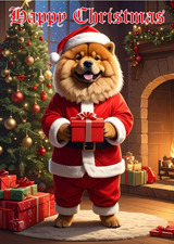 CHOW CHOW CHRISTMAS CARD WITH A CHOW CHOW DOG DRESSED IN A XMAS SANTA SUIT & HAT