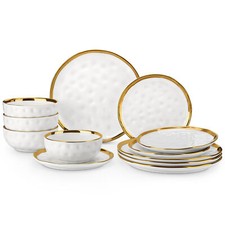 LOVECASA 12-Piece Porcelain Bowl & Plate Set Gold Rim White Dinnerware Set for 4